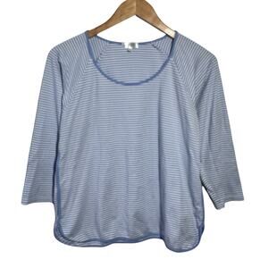 LAKE Pima Cotton 3/4 Sleeve Pajama Top Women L Blue White Stripe Lounge Casual